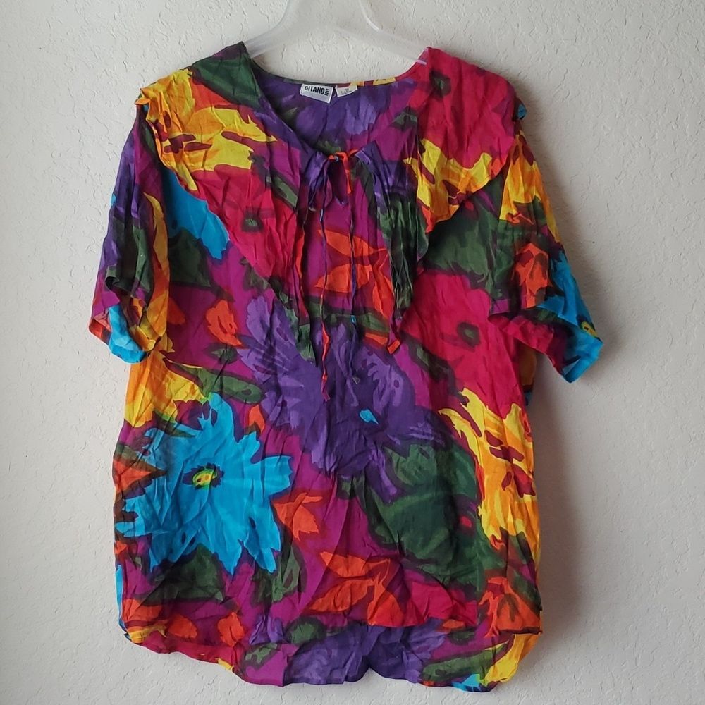 VTG 90s Gitano Blouse 22W Colorful Floral Rayon Cotton Abstract Bright Plus